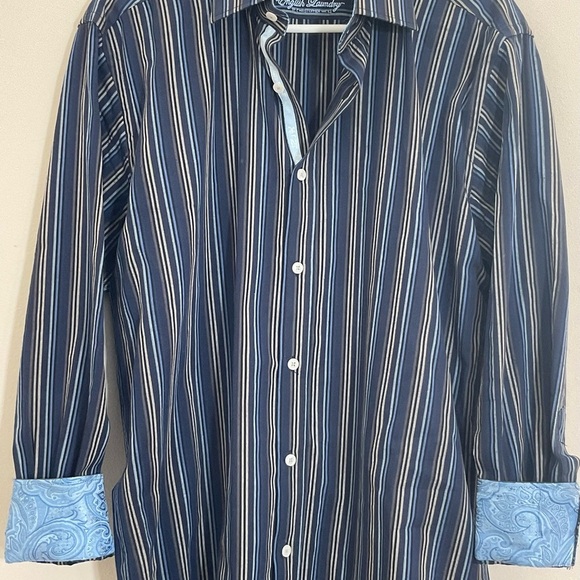 English Laundry Shirt Mens 16 32/33 Blue Striped Spread Cutaway Collar FlipCuff - Picture 2 of 12
